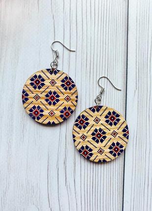 Серьги деревянные украинская вышиванка (принт 4.11)