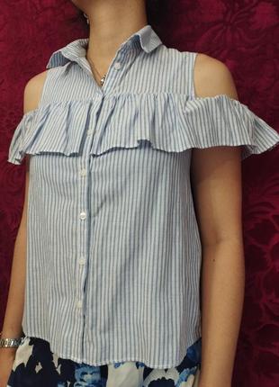 Голубая рубашка в полоску в линию рубашка с крыльями блуза блузка.2 фото