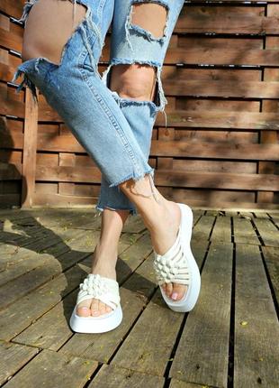 Шльопанці жіночі натуральна шкіра макраме білі