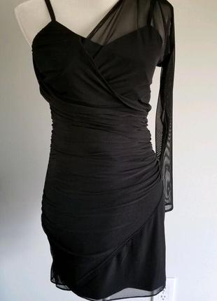 Асимметричное платье на одно плечо с сеточкой/с прозрачным рукавом3 фото