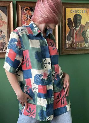 Винтажная шелковая блузка рубашка 100% шелк с цветочным геометрическим принтом2 фото