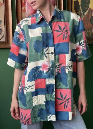 Винтажная шелковая блузка рубашка 100% шелк с цветочным геометрическим принтом3 фото