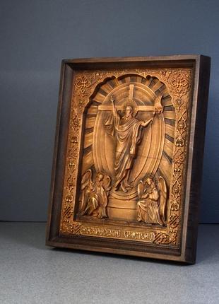 Икона воскресение христово деревянная резная размер 12.5 х 15  см.