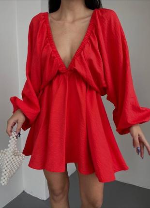Платье мини oversize качественное базовая красная черная бежевая, стильное короткое платье с объемными рукавами2 фото