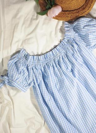 Хлопковая блуза топ в клетку ( летняя коттоновая рукав фонарик бохо кроп топ винтаж6 фото
