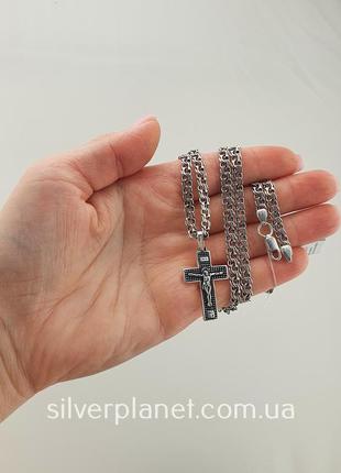 Серебряная цепочка с крестиком мужская. освященный кулон крестик и цепь на шею бисмарк серебро 925. длин 55 см3 фото