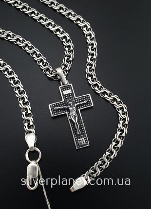 Серебряная цепочка с крестиком мужская. освященный кулон крестик и цепь на шею бисмарк серебро 925. длин 55 см10 фото