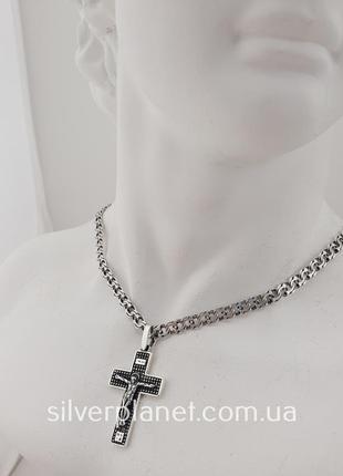 Серебряная цепочка с крестиком мужская. освященный кулон крестик и цепь на шею бисмарк серебро 925. длин 55 см8 фото