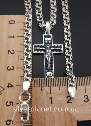 Срібна цепочка з хрестиком чоловіча. освячений кулон хрестик ланцюжок на шию бісмарк срібло 925. довжина 55 см5 фото