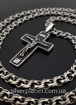 Серебряная цепочка с крестиком мужская. освященный кулон крестик и цепь на шею бисмарк серебро 925. длин 55 см7 фото