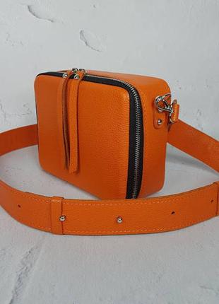 Сумка женская "квадро" натуральная кожа, оранжевая сумочка флотар на широком ремне