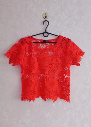 Ажурная блузка кораллового цвета, кружевная блуза летняя, футболка на лето3 фото