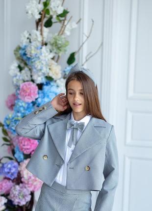 Пиджак детский подростковый, двубортный, школьный, для девочки, серый гусиная лапка7 фото