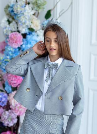 Пиджак детский подростковый, двубортный, школьный, для девочки, серый гусиная лапка3 фото