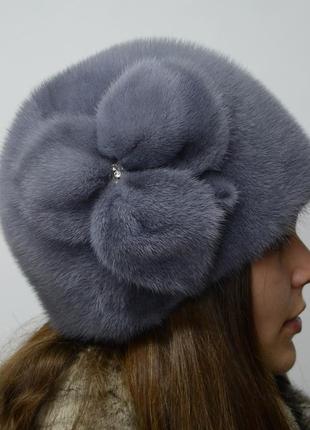 Жіноча зимове норкова шапка "кулька три листочка" сапфір1 фото