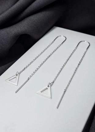 Серебряные серьги протяжки дуга с треугольниками2 фото
