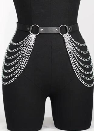 Шкіряна чорна портупея з ланцюгами на бедра та груди 🔥