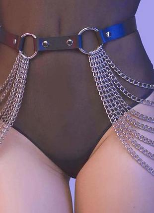 Шкіряна чорна портупея з ланцюгами на бедра та груди 🔥