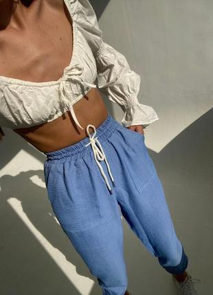 🟠 летние джинсовые льняные штани джогеры2 фото
