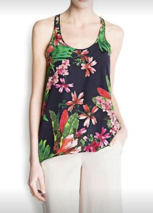 Блуза блузка без рукавов с удлиненной спинкой в тропический принт/ свободный топ в цветочный принт спинка борцовка1 фото