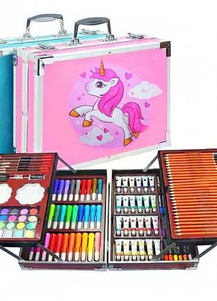 Набор для детского творчества и рисования 145 предметов юный художник в алюминиевом чемодане единорог6 фото