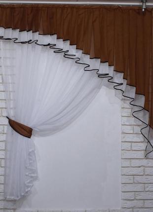 Уцхонний комплект шторки з ламбрекеном, коричневий з білим