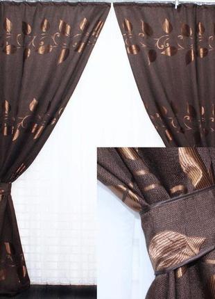 Комплект готових штор из ткани льон з візерунком "листя", колір темно-коричневий. код 368ш1 фото