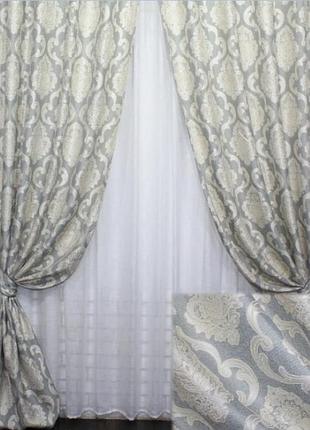 Штори (2шт. 1,5х2,7м) з тканини льон, колекція корона марія". колір світло-сірий з молочним