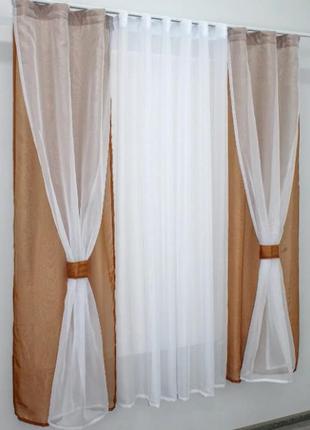Готовий комплект штор та тюль. колір коричневий з білим2 фото