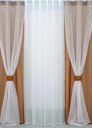 Готовий комплект штор та тюль. колір коричневий з білим1 фото