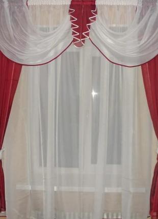 Кухонна фіранка з ламбрекена і тюлі. колір бордовий з білим