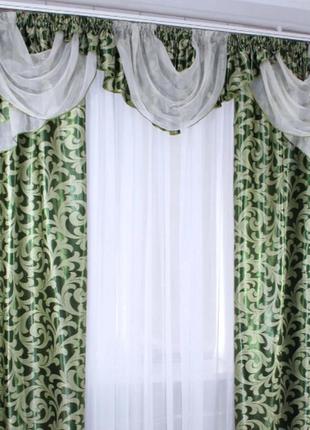 Комплект ламбрекен зі шторами "блекаут" зеленого кольору5 фото
