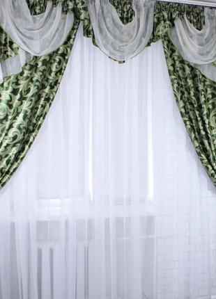 Комплект ламбрекен зі шторами "блекаут" зеленого кольору6 фото