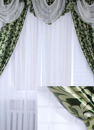 Комплект ламбрекен зі шторами "блекаут" зеленого кольору1 фото