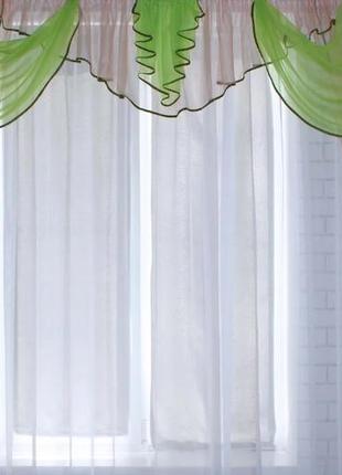Комплект ламбрекен со шторами из шифона, цвет персиковый с салатовым