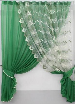 Фіранка на кухню, балкон 310х170см "дует". колір зелений з білим
