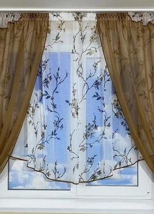 Фіранка на кухню з квітковим принтом. колір коричневий