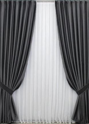 Комплект штор в спальню, вітальню (2шт. 1,5х2,7м) оксамит. колір темно-сірий3 фото