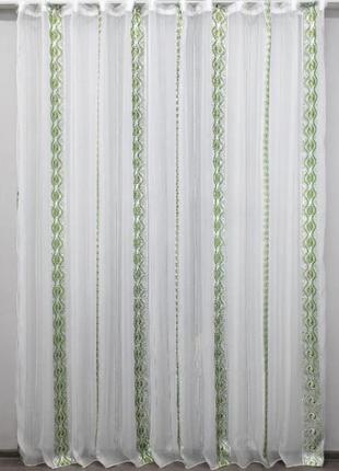 Тюль в вітальню з креп-шифону. колір білий з зеленим4 фото