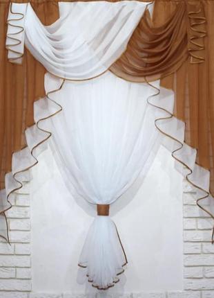 Кухонний комплект (150х170см) тюль і ламбрекен. колір коричневий з білим