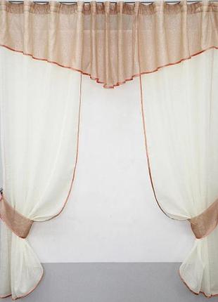 Фіранка на кухню (290х170см) з ламбрекеном. колір молочний з персиковим