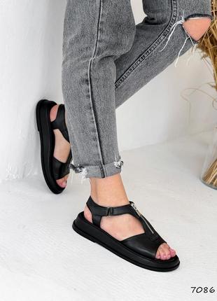 Стильные черные женские сандалии/босоножки на липучке с молнией кожаные/кожа-женская обувь на лето3 фото