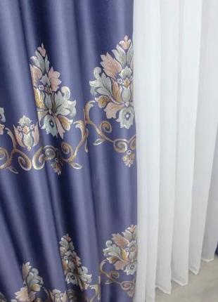 Шторна тканина блекаут з вишивкою гладдю. колір світло синій3 фото