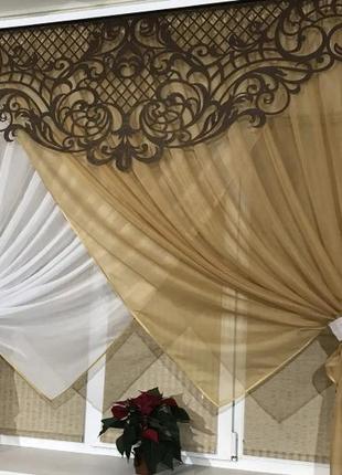 Ажурний ламбрекен з тюлем. колір карамель