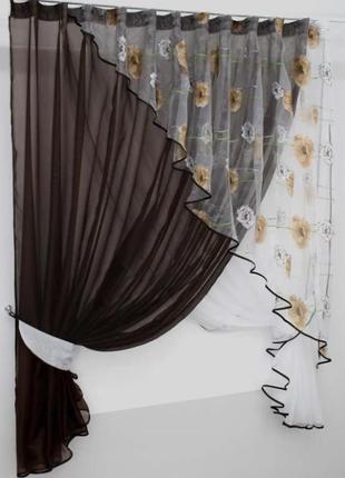 Комплект штор з підв'язками (300х170см) на кухню, балкон. колір венге з білим