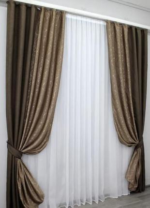 Комбіновані (2шт. 1,5х2,7м) штори з тканини льон-блекаут. колір коричневий з темно-бежевим4 фото