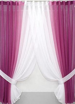 Вишукана фіранка на кухню, балкон (400х170см) батист. колір малиновий з білим