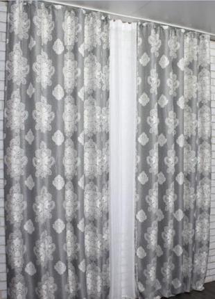 Штори (2шт. 1,5х2.7м) із щільної тканини льон, колекція корона марія". колір сірий з молочним2 фото