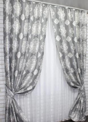 Штори (2шт. 1,5х2.7м) із щільної тканини льон, колекція корона марія". колір сірий з молочним3 фото