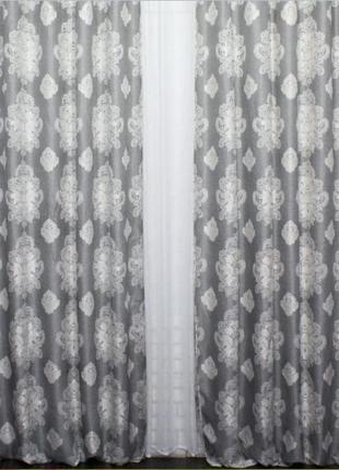 Штори (2шт. 1,5х2.7м) із щільної тканини льон, колекція корона марія". колір сірий з молочним6 фото